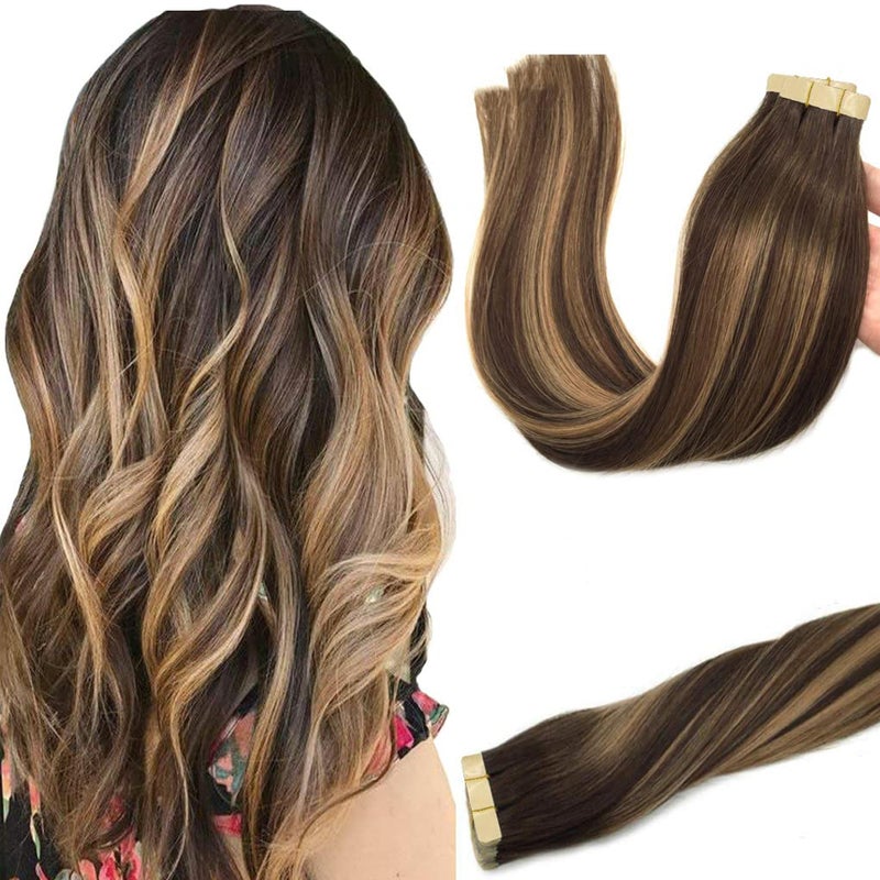 Goo-Goo GOO GOO Tape in Hair Extensions Human Hair, 4/27/4 Balayage Chocolate Brown to Caramel Blonde, 20inch 50g 20pcs, Thick Ends Straight Seamless, Invisible - Image 1
